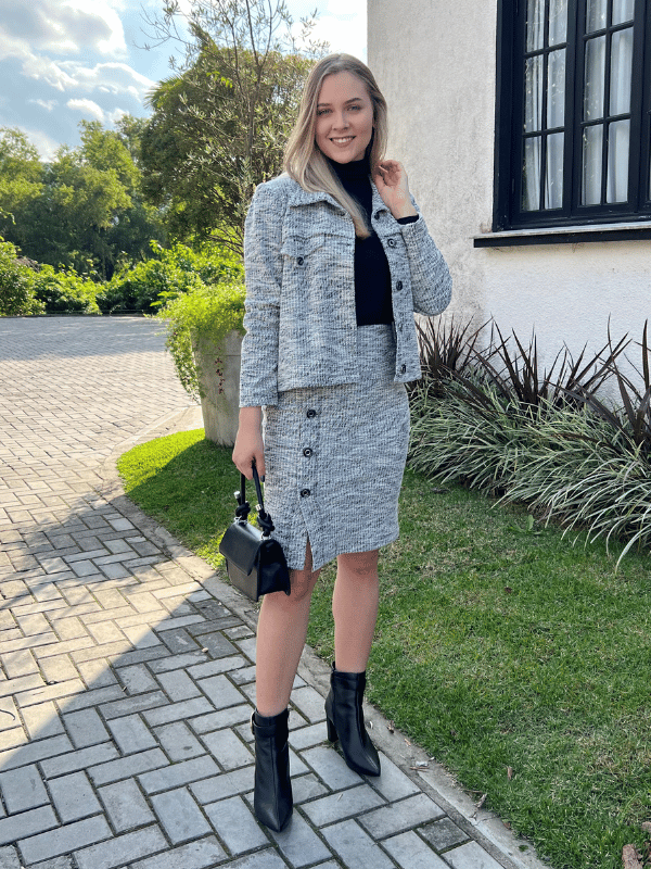 Casaco Botões Tweed Com Elastano Preto - Caqui Café