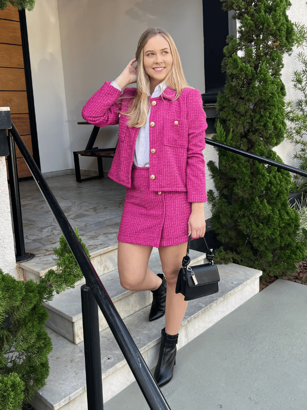 Casaco Tweed Forrado Rosa - Caqui Café