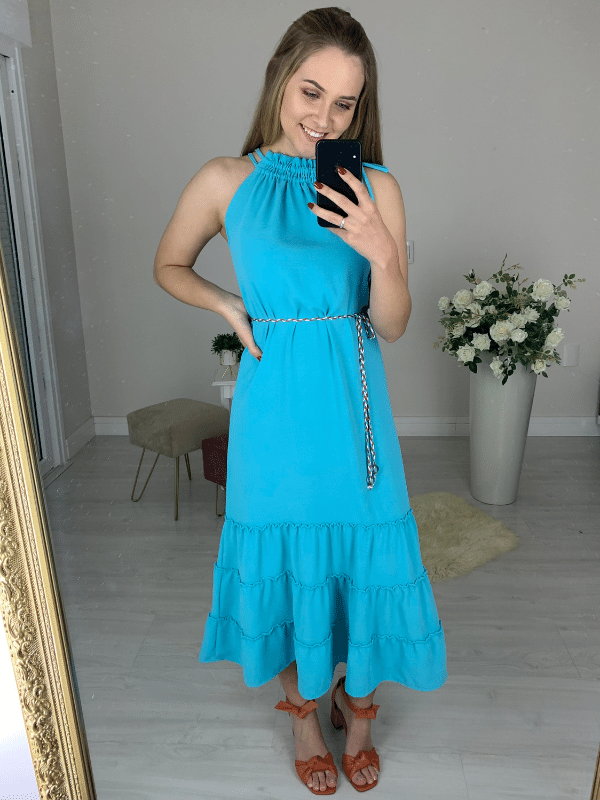 Vestido Decote Amarração Azul - Caqui Café