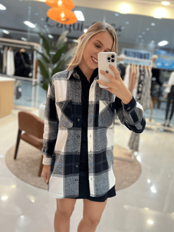 Camisa Oversized Xadrez Preto e Branco - Caqui-Café
