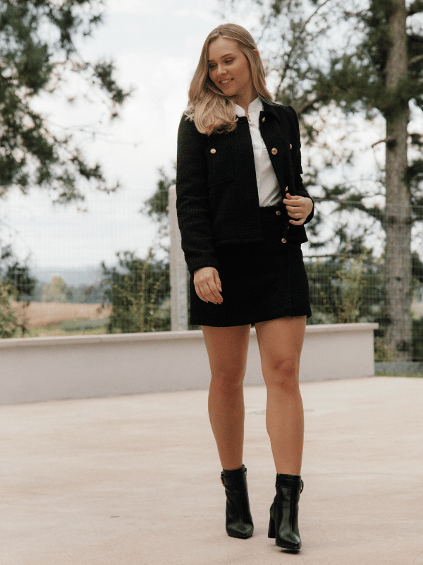 Saia Tweed Forrada Preto - Caqui Café