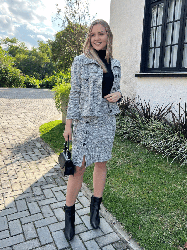 Casaco Botões Tweed Com Elastano Preto - Caqui Café