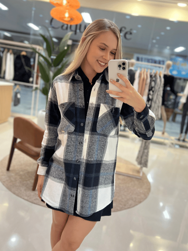 Camisa Oversized Xadrez Preto e Branco - Caqui-Café